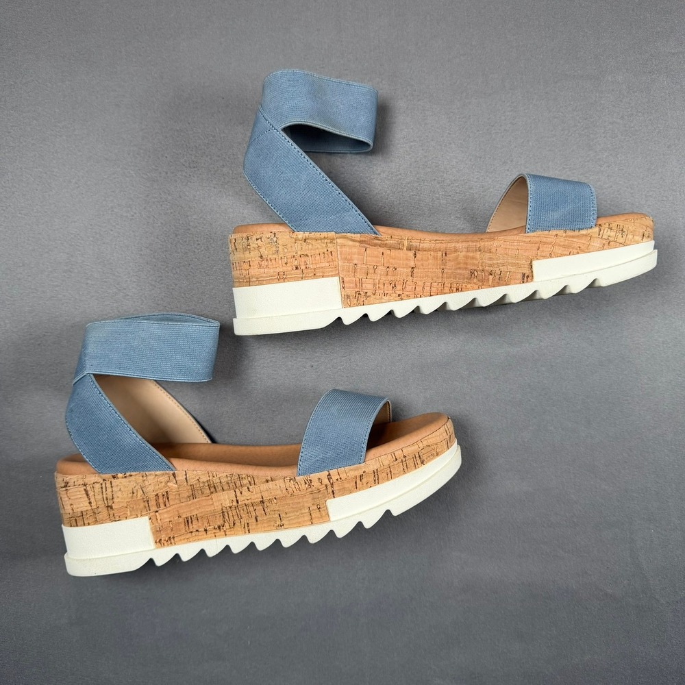 Steve Madden Elba Womens 7 Dusty Blue Elastic Cork Platform Wedge Sandals Casual - Picture 3 of 9